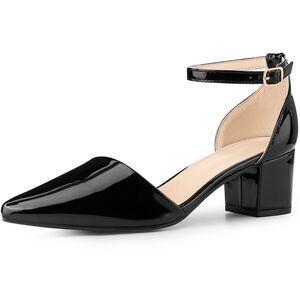 Women's Closed Pointed Toe Ankle Strap Low Chunky Heels Pumps Black